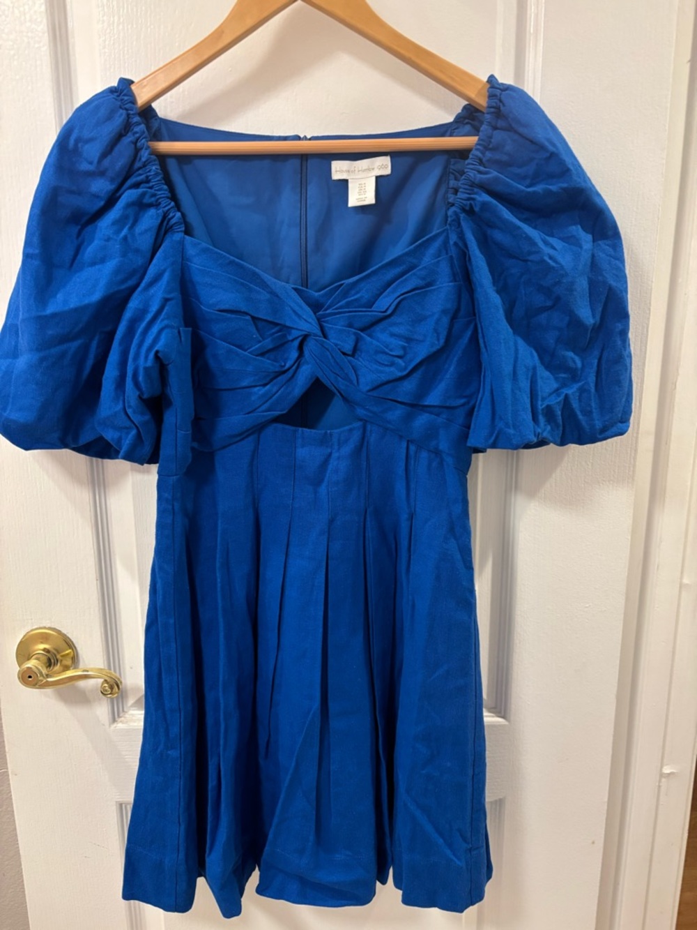 House of Harlow 1960 Twist Front Mini Dress Puff Sleeve Pleated Babydoll Flirty - Picture 6 of 16